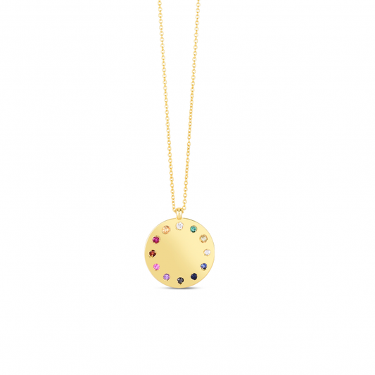 Yellow Gold Rainbow Gemstone and Diamond Dial Medalion Necklace