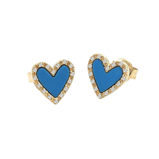 Yellow Gold Turquoise Inlay Heart Earrings with Round Diamonds