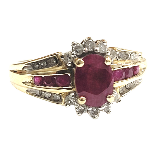 Vintage Yellow Gold Ruby and Diamond Fancy Halo Ring