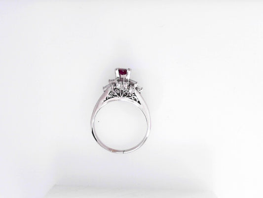 White Gold Baguette Diamond and Ruby Ring