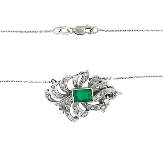 Vintage White Gold Emerald and Diamond Station Necklace