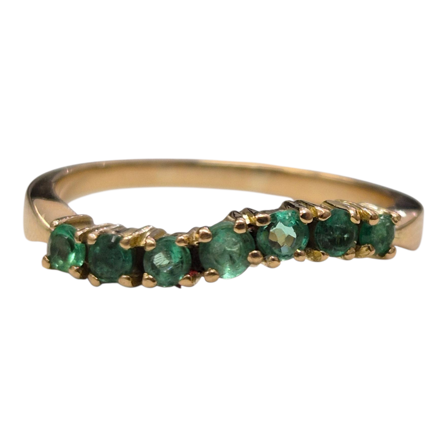 Yellow Gold Round Emerald Curved Band Ring