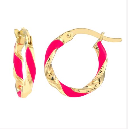 Yellow Gold Neon Pink Enameled Hoop Earrings