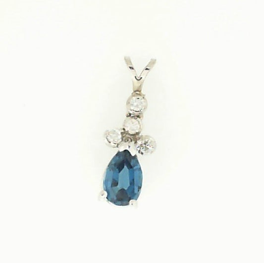 Vintage White Gold Blue Topaz and Diamond Drop Pendant