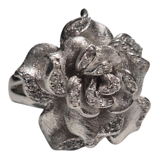 White Silver Rose Cz Cocktail Ring
