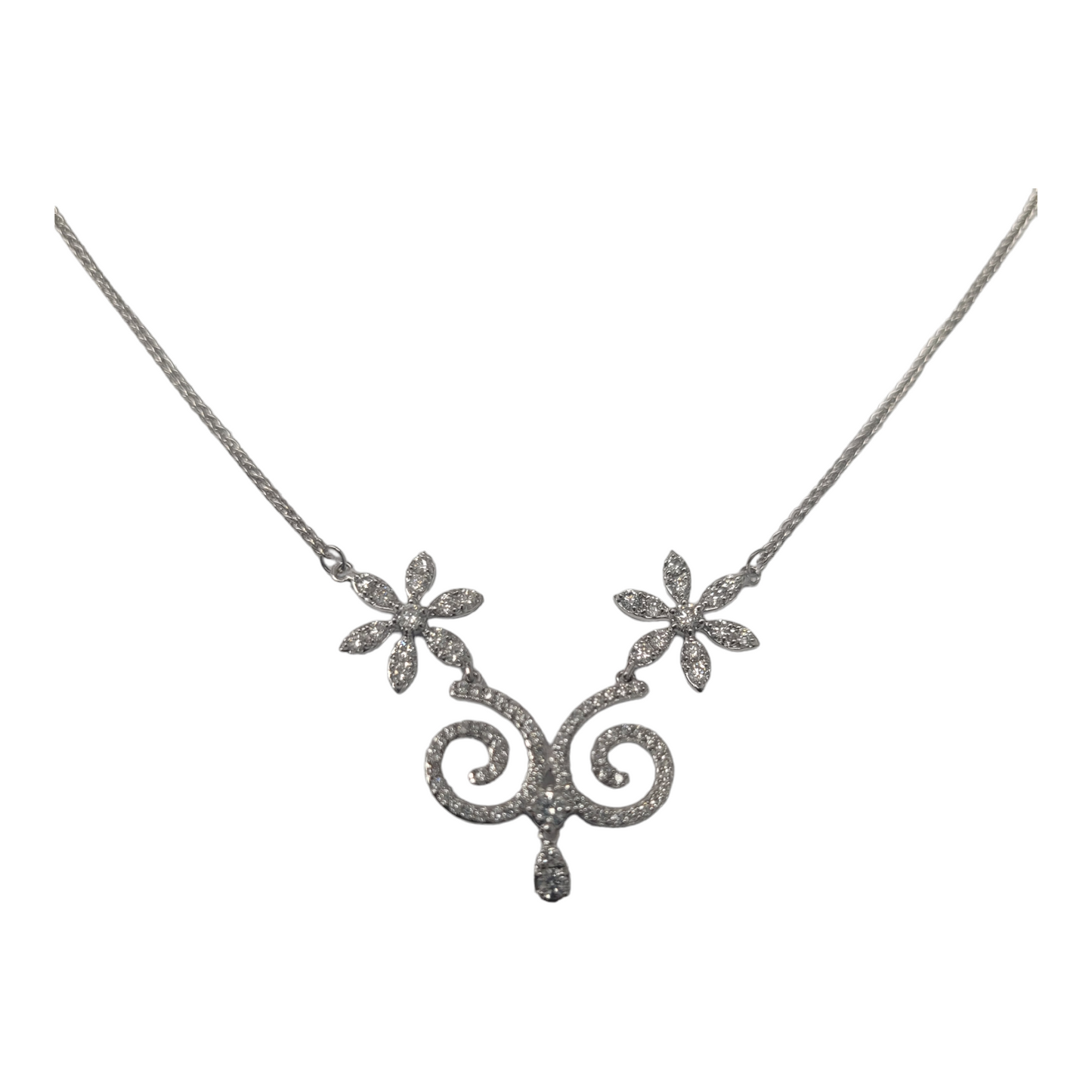 White Gold Diamond Scroll Wheat Necklace