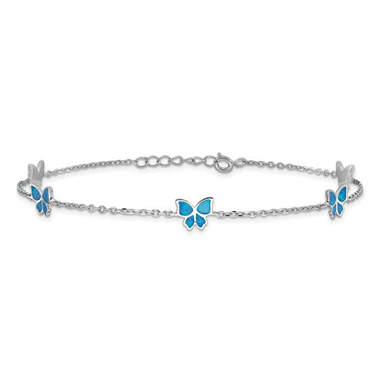 White Sterling Silver Opal Inlay Butterfly Anklet