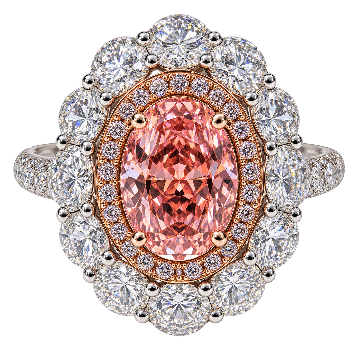 Two Tone Pink Lab Diamond Double Halo Ring