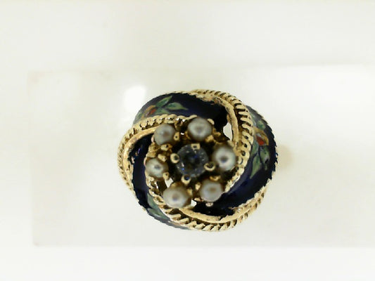 Yellow Gold Enamel Knot Pearl Ring