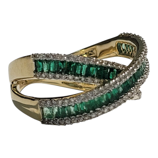 Yellow Gold Baguette Emerald Criss Cross Ring