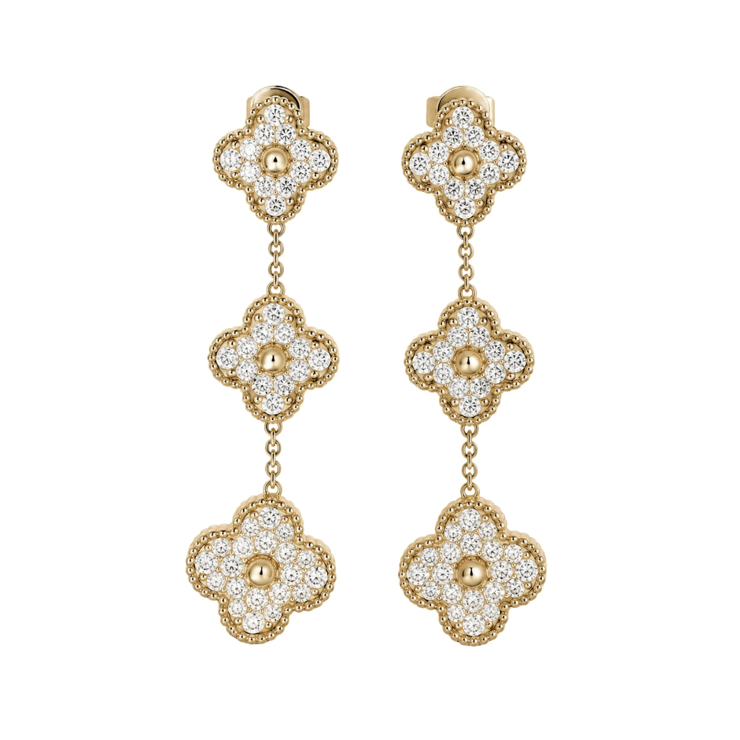 Yellow Gold Pave Diamond Clover Drop Earrings