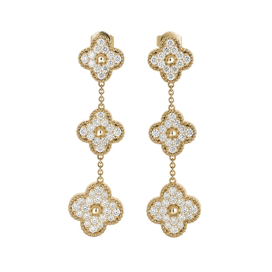 Yellow Gold Pave Diamond Clover Drop Earrings