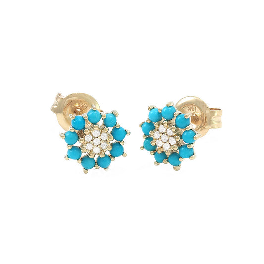 Yellow Gold Turquoise and Diamond Cluster Earrings