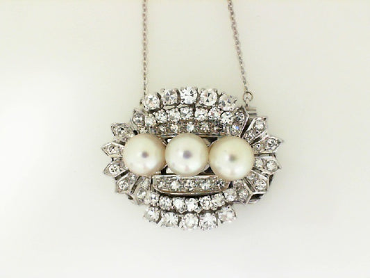Vintage White Gold Round Diamond and Akoya Pearl Necklace