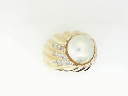 Vintage Yellow Gold Pearl and Diamond Dome Ring