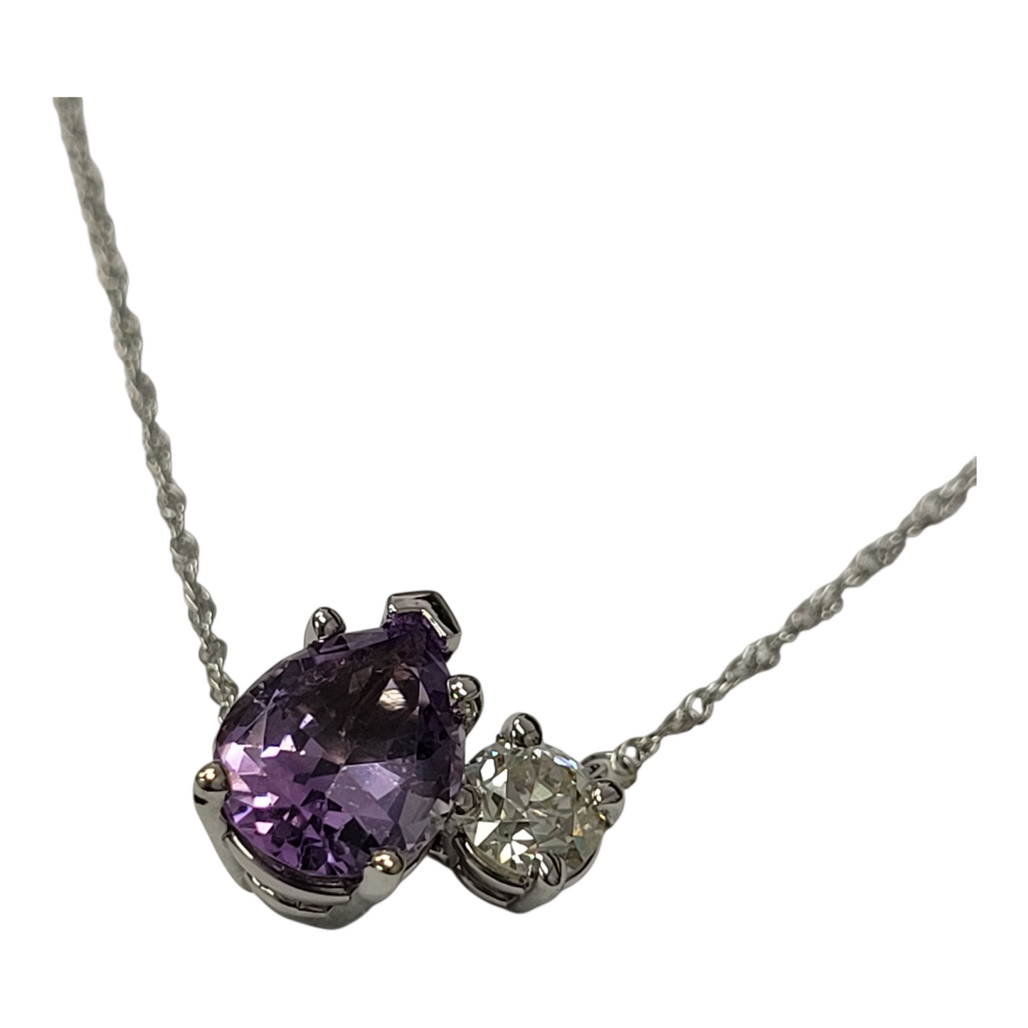 Pear Amethyst and Round Diamond Two Stone Necklace