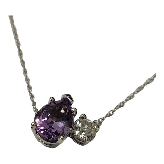 Pear Amethyst and Round Diamond Two Stone Necklace