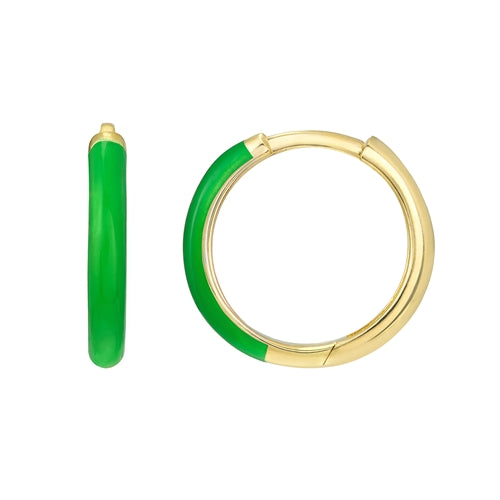 Yellow Gold Green Enameled Huggie Earrings