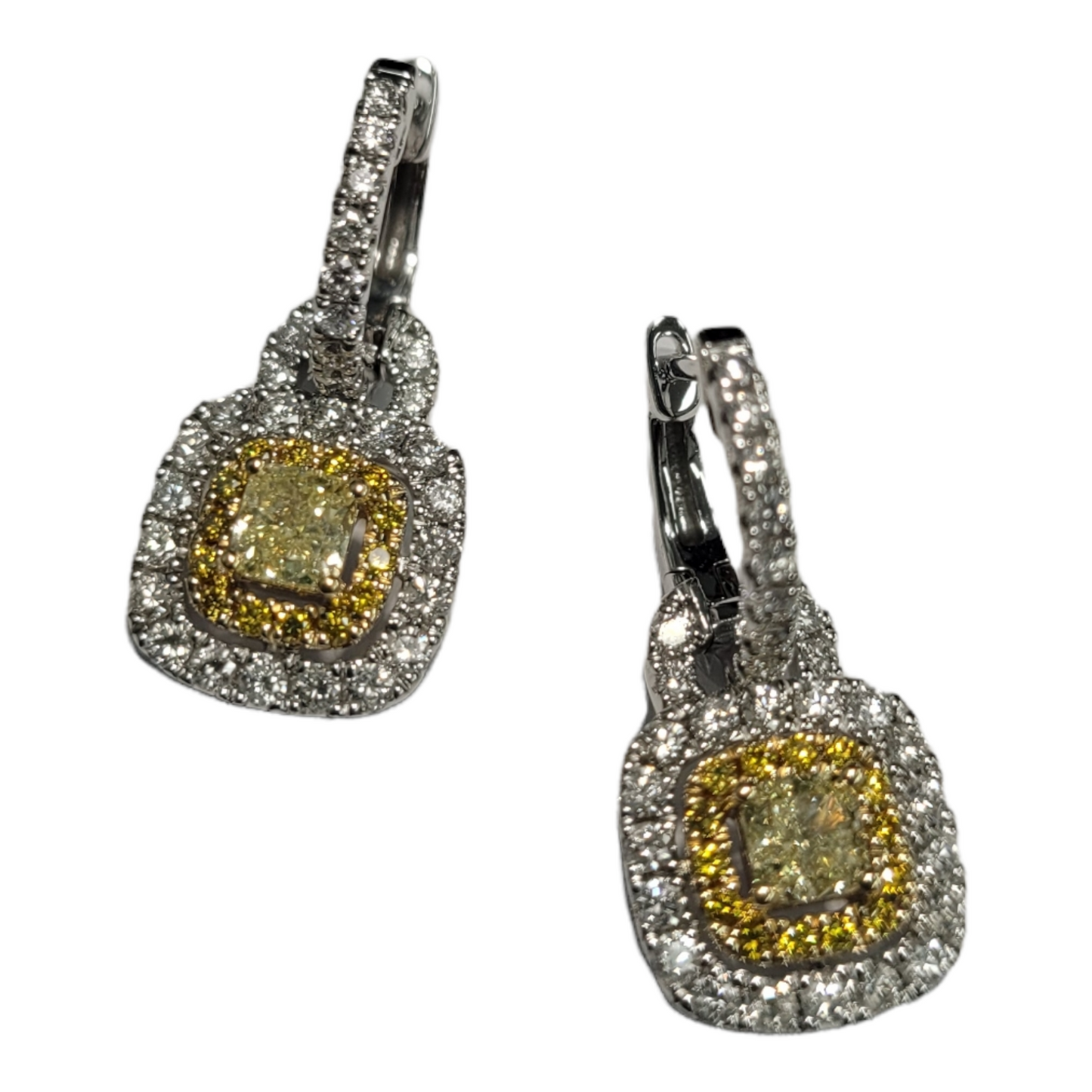 Two Tone Yellow Diamond Double Halo Earrings